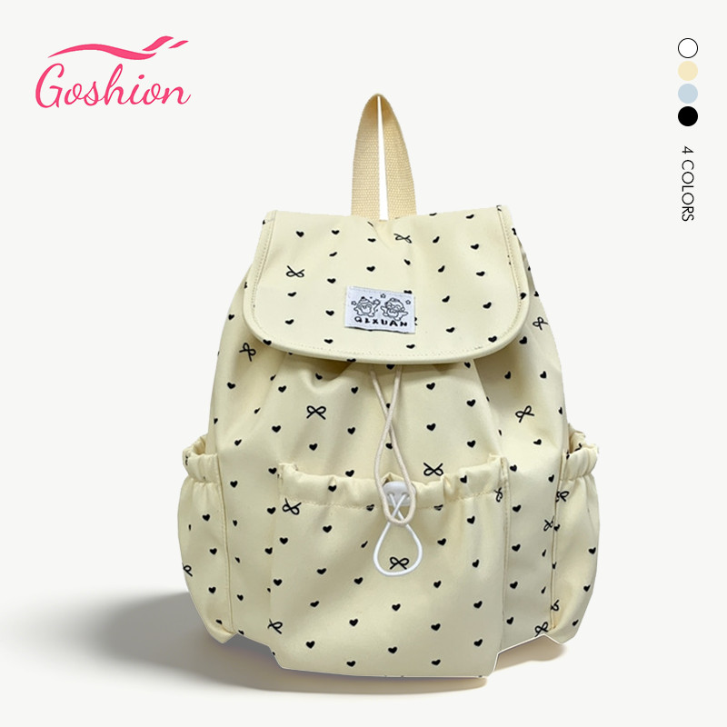 Goshion กระเป๋าเป้ ฝาพับ เชือกผูก แฟชั่น ลายจุด กระเป๋าเป้สะพายหลังนักเรียนขนาดใหญ่