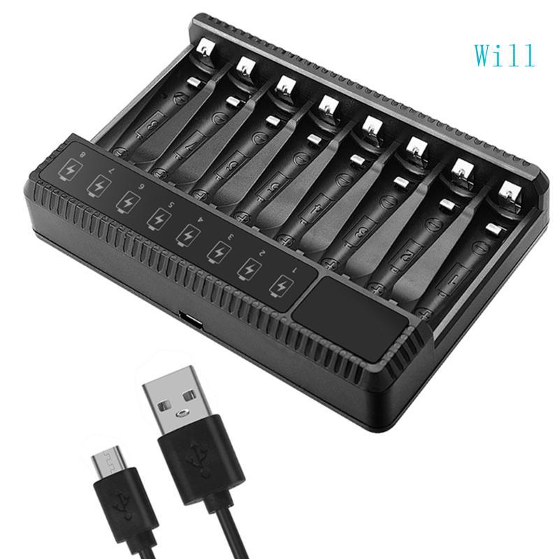 Will 8 Bay AAA Charger พร้อมจอแสดงผล LCD สําหรับ NiMH NiCD AAA แบตเตอรี่ชาร์จ USB C ชาร์จอิสระ