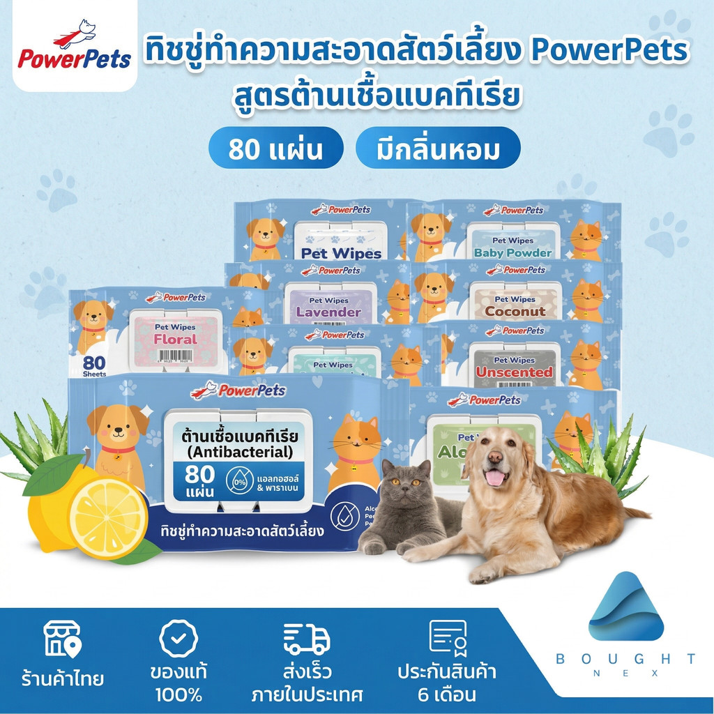 ทิชชู่เปียกสำหรับสัตว์เลี้ยง แบรนด์ PowerPets  สูตรต้านเชื้อแบคทีเรีย 80 แผ่น ปราศจากแอลกอฮอล์