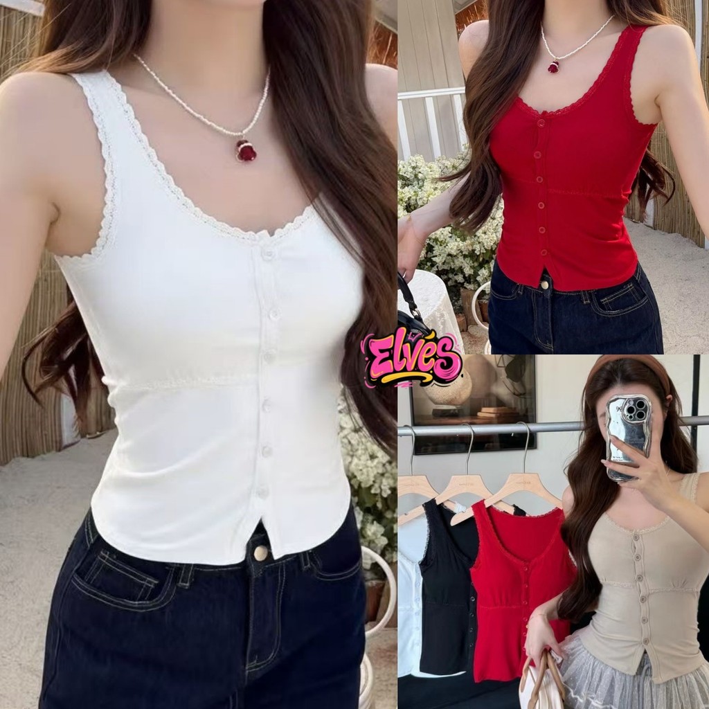 Elves พร้อมส่ง💟  เสื้อกล้าม ขอบลูกไม้ ติดกระดุมใช้งานได้จริง สีพื้นเรียบๆ ใส่สบาย เสื้อกล้ามผู้หญิง"FY10186"