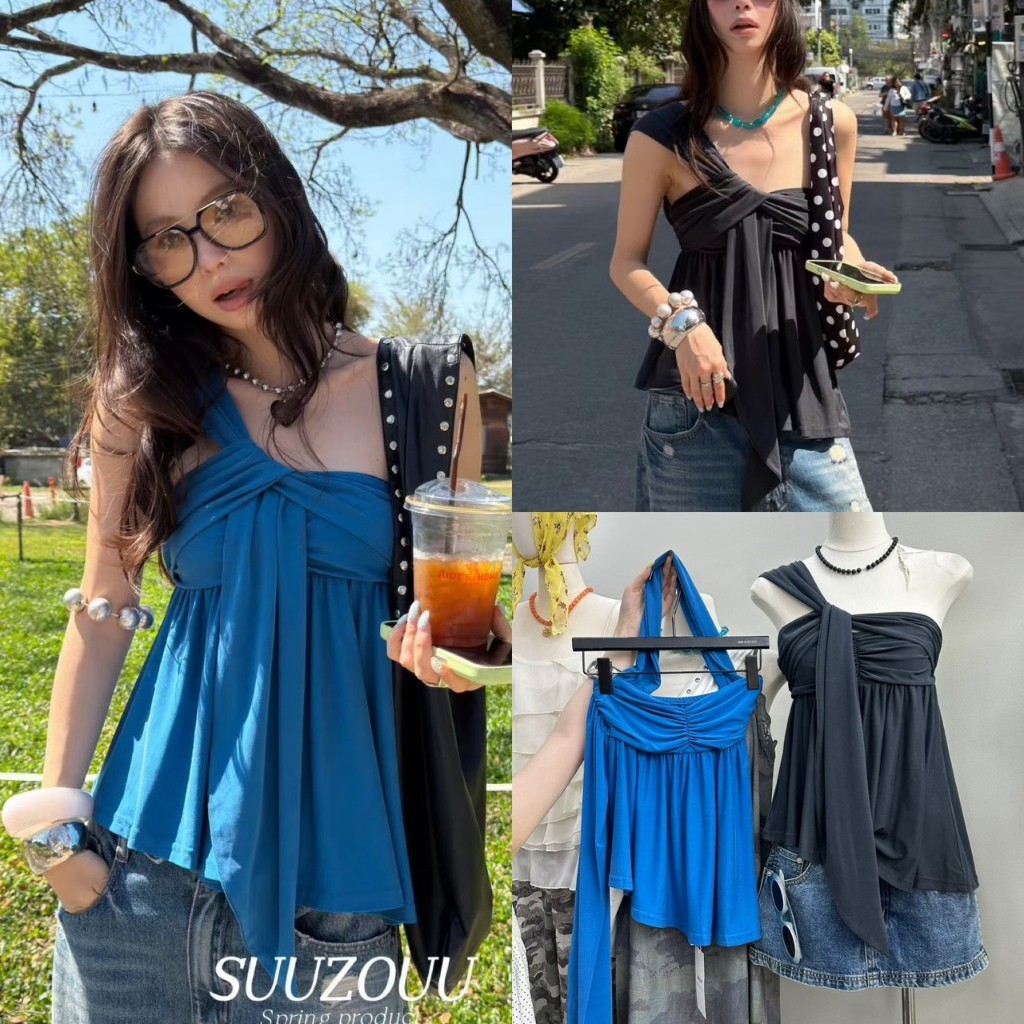 ❤ 🧵 🇰🇷 SU132 เกาะอกแต่งผ้าช่วงไหล่ ชายผ้าพริ้ว ผ้าดีมากๆค่า ผ้ายืดหยุ่นได้ดี แฟชั่นเกาหลี TAG MM Fish 🧵🧡