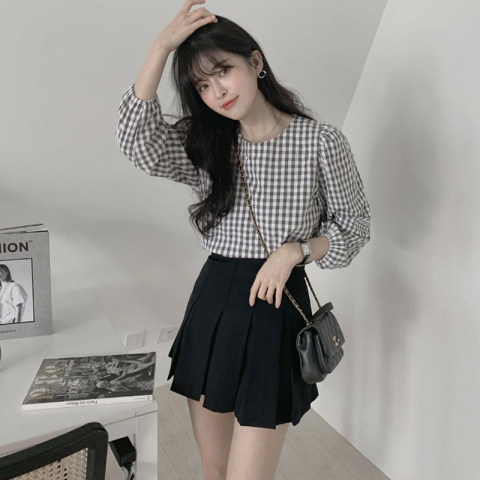 Checked เสื้อผู้หญิงออกแบบ Niche แขนยาวต้นฤดูใบไม้ร่วงสไตล์ใหม่รอบคอ All-Match Classy เสื้อ Take Me 