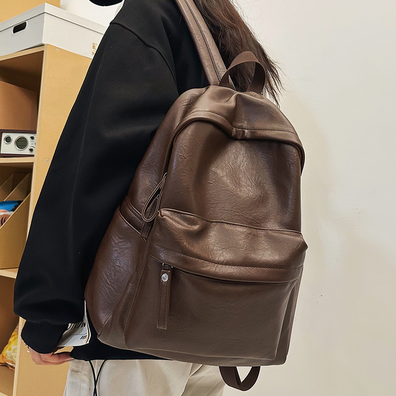 Niche Retro Leather Backpack Big High School Student Bag Simple Commuter Travel Backpack