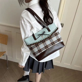 โบว์ตรวจสอบ Retro Checked Polka Dot Tote กระเป๋า Preppy สไตล์ขนาดใหญ่ความจุกระเป๋าถือ Commuter Class กระเป๋าสะพาย