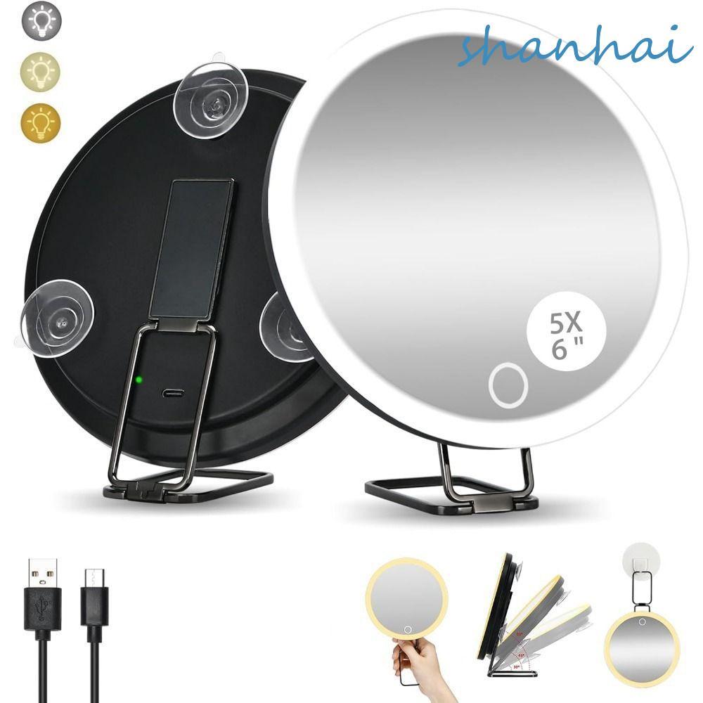 SHANHAI กระจกแต่งหน้า LED พับได้ 360° ปรับยืนกระจกขยายที่มีแสง,เดินทาง-ง่ายแขวนผนัง5/10/20/30xความละเอียดสูงกระจกเครื่องสําอางแบบพกพาเดินทาง