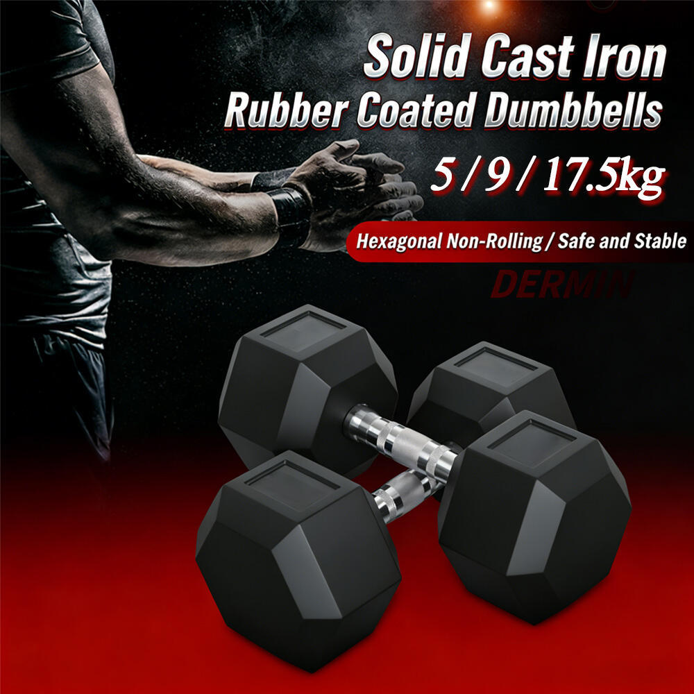 1 ชิ้น 5KG/9/17.5 KGใหม่ ดัมเบลหัวยางแบบหกเหลี่ยม Hex Dumbbell ชั้นประถมศึกษาปีที่ใช้ในครัวเรือนยางหกเหลี่ยมโครเมี่ยมค