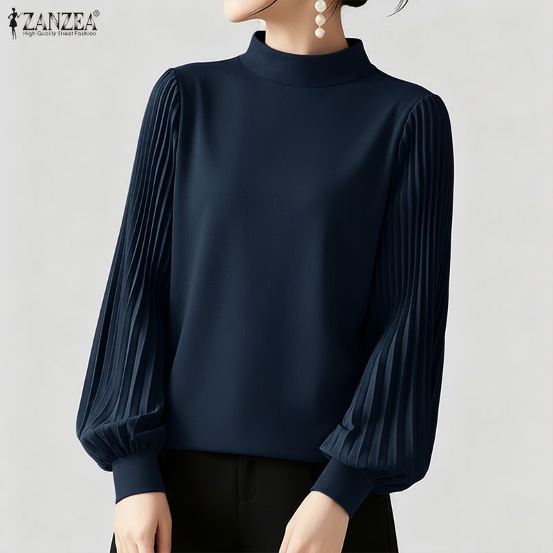 ZANZEA สเวตเตอร์สไตล์เกาหลีหรูหรา ดีไซน์ยืนปกแขนโคมไฟจีบประกบ — صورة 5