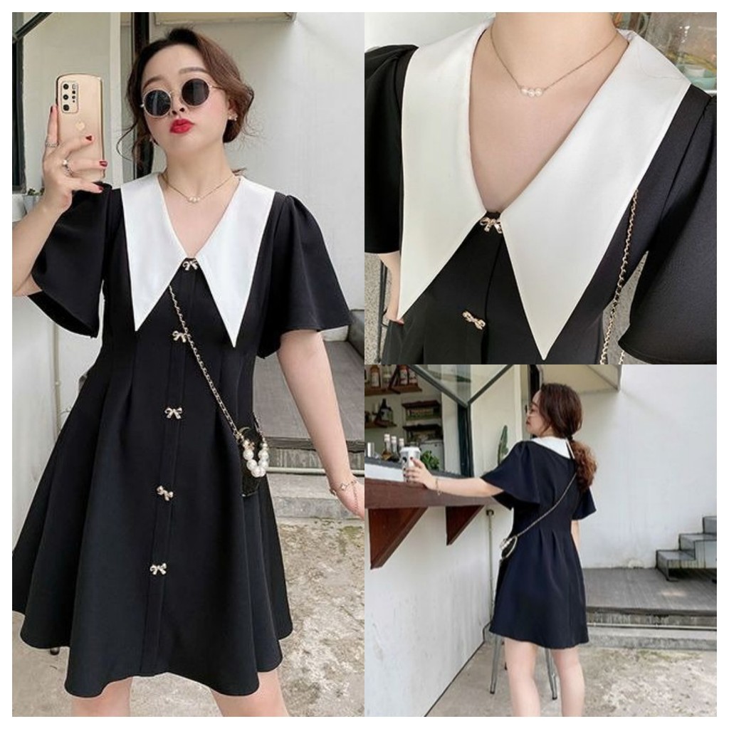 เดรสแฟชั่นผู้หญิงสาวอวบ คนอ้วนไซส์ใหญ่ใส่ได้ dress oversize เดรสโอเวอร์ไซส์ สไตล์เกาหลี คอวี กระโปรงสีดำ คอตู๊กตา
