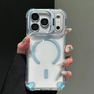 เคสโทรศัพท์แม่เหล็กโปร่งใสสําหรับ iPhone 11 12 13 14 15 16 17 Pro Max Air Plus วงเล็บเลนส์ป้องกันกรณีฝาครอบ
