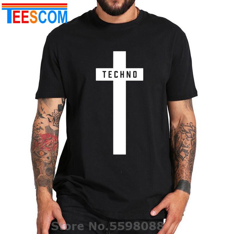 Techno Cross Printed T-shirt Mens Unisex Techno Music Festival Black T shirt Streetwear Jesus Christ