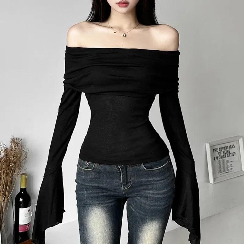 Y2k Simple Fashion Women's Tee Shirts Slash Neck Long Sleeve Solid Casual T-Shirts Vintage Off Shoul