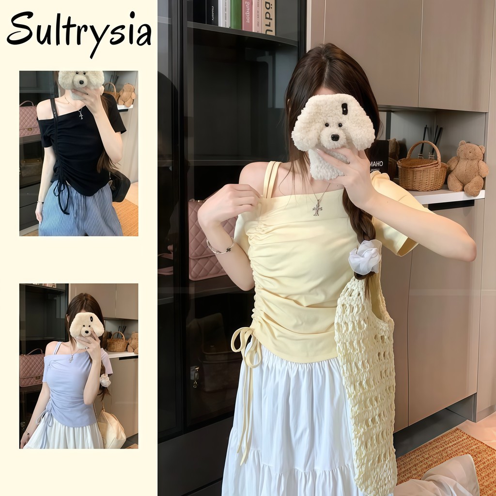 SultrySia เสื้อผู้หญิงไหล่ป้าน พร้อมดีไซน์ระบายจีบและเชือกด้านล่าง เรียบง่าย สไตล์เกาหลี FY2542-0