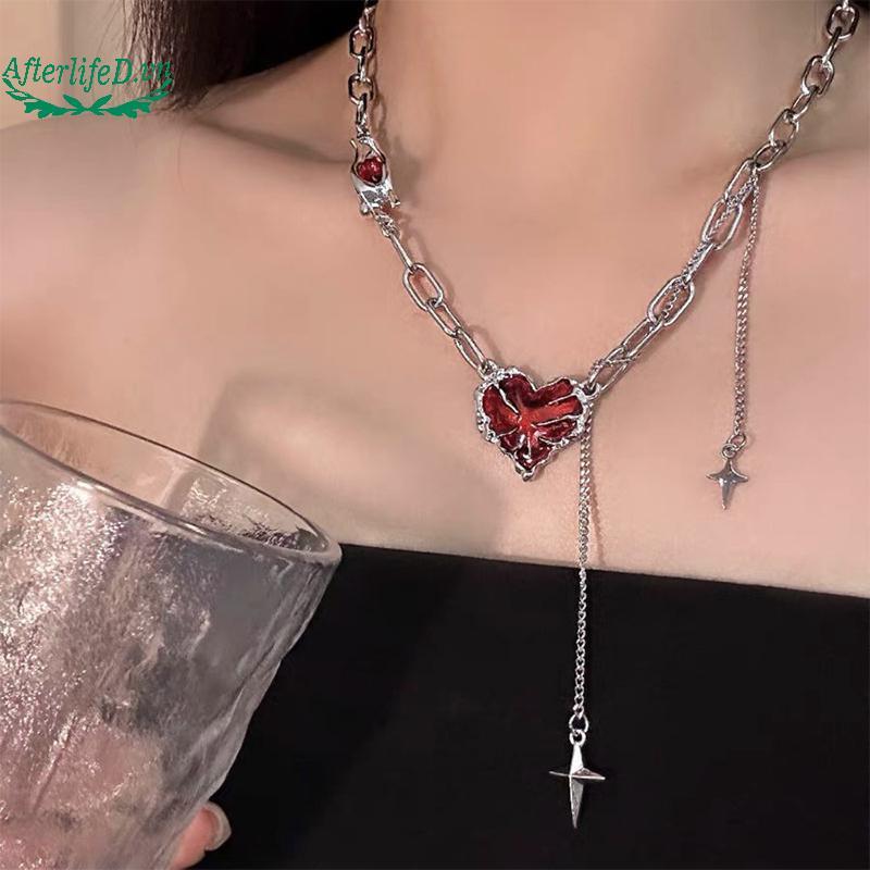 AF Gothic ไม่สม่ําเสมอสร้อยคอหัวใจสีแดง Y2K Dark Love Ghost Claw สร้อยคอ Punk Grunge ความงาม Egirl ส
