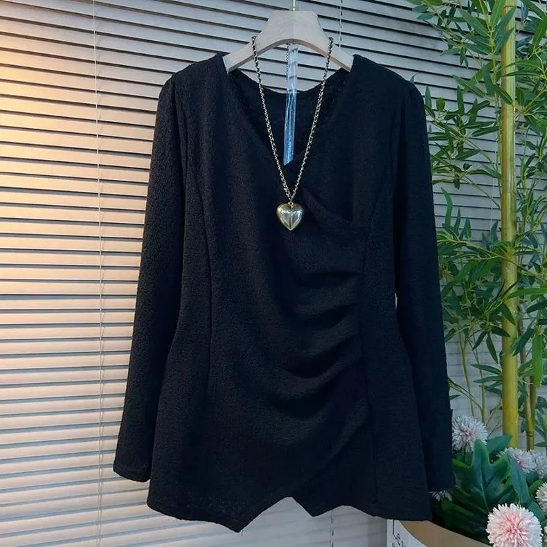 เสื้อยืดแขนยาวแบบวีเนคสีทึบสำหรับผู้หญิง ไซส์พิเศษ 45-150KGPlus C17095