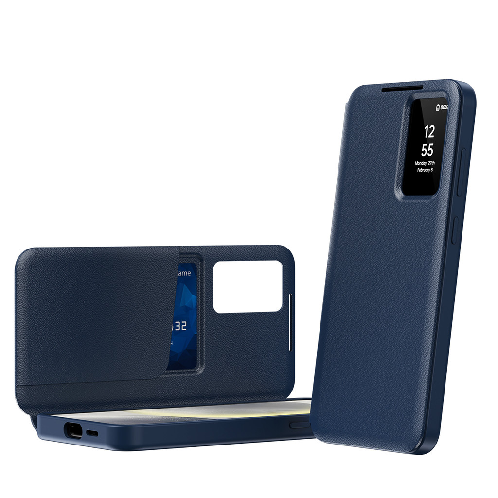 SAMSUNG สมาร์ทหน้าต่างพลิกซองหนังสีฟ้าสําหรับSamsung S26Ultra S26Plus S26 S25Ultra S25Plus S25 S24Ultra S24Plus S24 S23 S22 A55 A56 A16 A17 S25FE S25Edgeเคสโทรศัพท์หรูหราAnti-fall
