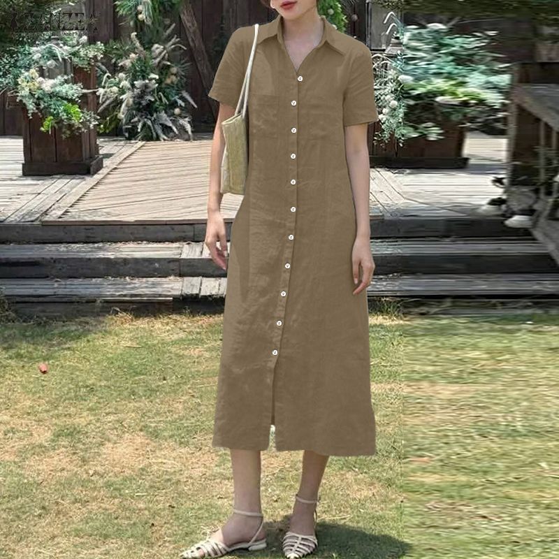 ZANZEA กระโปรงเชิ๊ตสำหรับผู้หญิง สไตล์เกาหลี คอปกพับลง แขนสั้น เหมาะสำหรับการเดินทางและการแต่งตัวในวันทำงานและวันหยุด — صورة 4