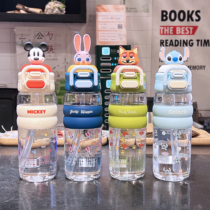 Zootopia Judy ถ้วยน้ํา 600 มล. ขวดน้ําความจุขนาดใหญ่พร้อมฟางขวด Tritan BPA ฟรีถ้วยพลาสติกนักเรียนการ์ตูนถ้วยดื่มคู่