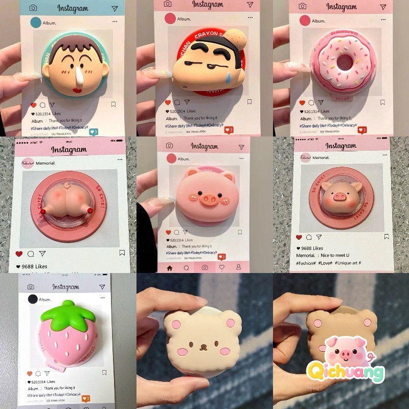 3D ซิลิโคนการ์ตูนแม่เหล็กผู้ถือโทรศัพท์ Retractable Strong สําหรับ iPhone หมูหมี Donut สตรอเบอร์รี่ Grip Stand