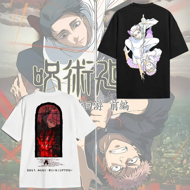 เสื้อยืดแขนสั้นผ้าฝ้ายพร้อมลายพิมพ์ธีม Jujutsu Kaisen 3: Culling Game โดยมีภาพYuji Itadori และYuta Okkotsu
