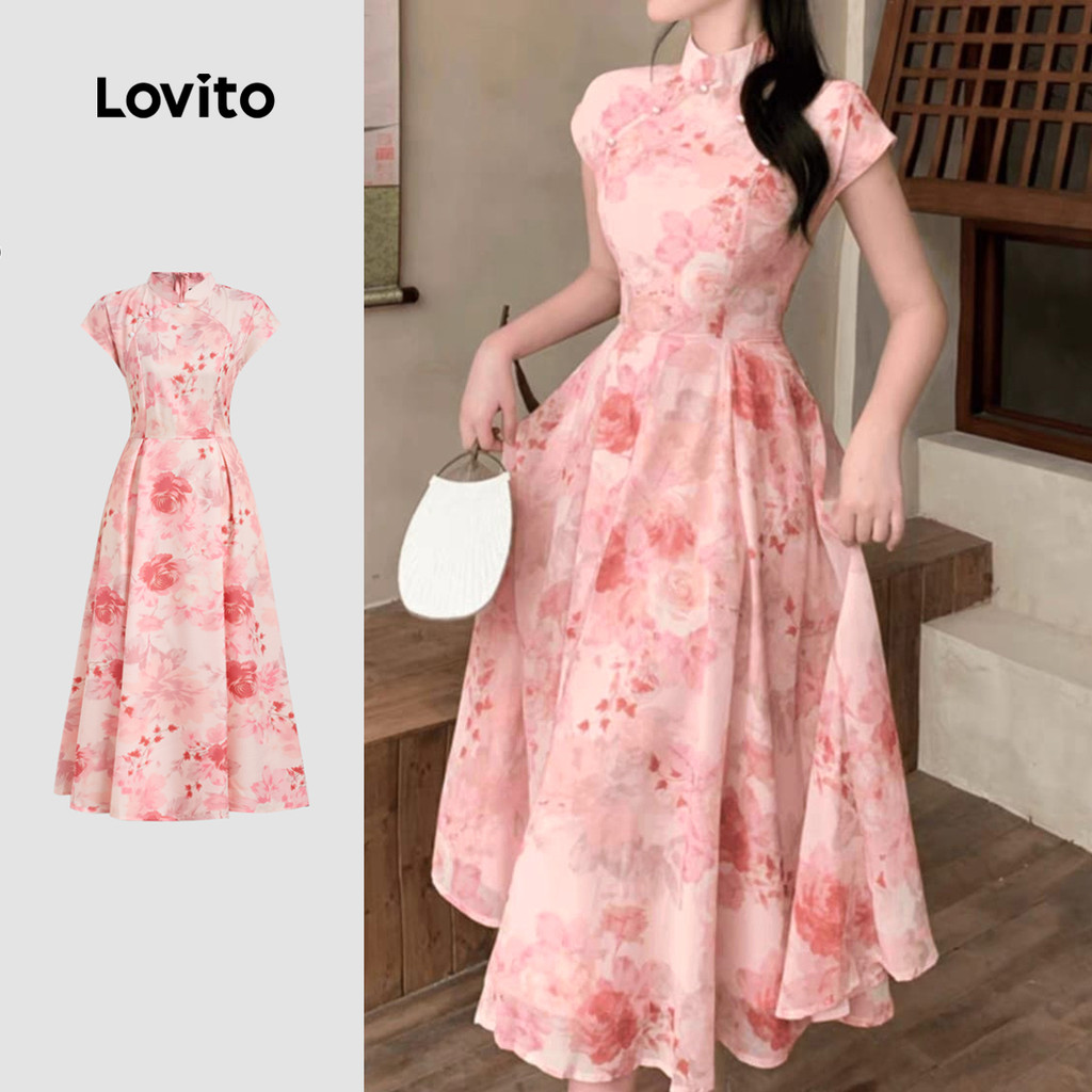 Lovito ชุดเดรสลำลอง สไตล์จีนใหม่ สีชมพู สำหรับผู้หญิงในฤดูใบไม้ผลิ/ฤดูร้อน LK2ED007