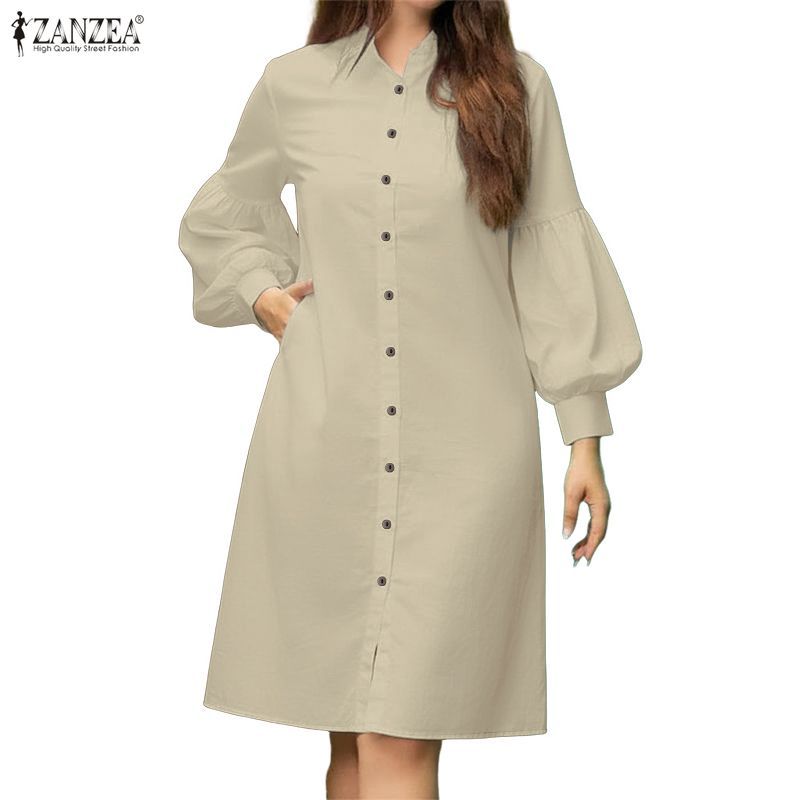 ZANZEA ผู้หญิง Vintage Commute ยืนคอโคมไฟแขน Single-Breasted หลวม A-Line Shirtdress