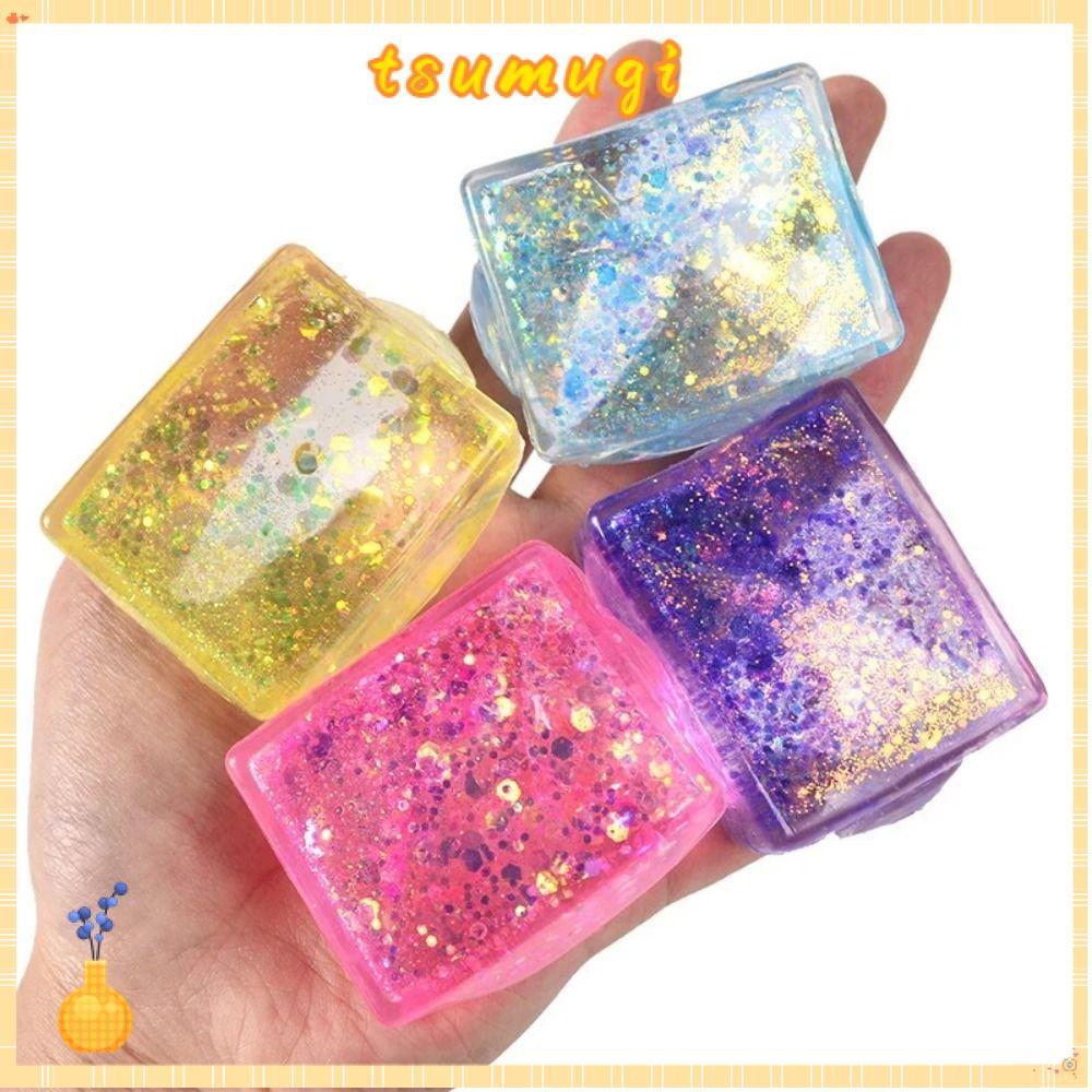 TSUMUGI Glitter Squishy Cube, Malt Sugar Decompression Gel Ice Cube, Creative Soft Texture ช้า Rise 
