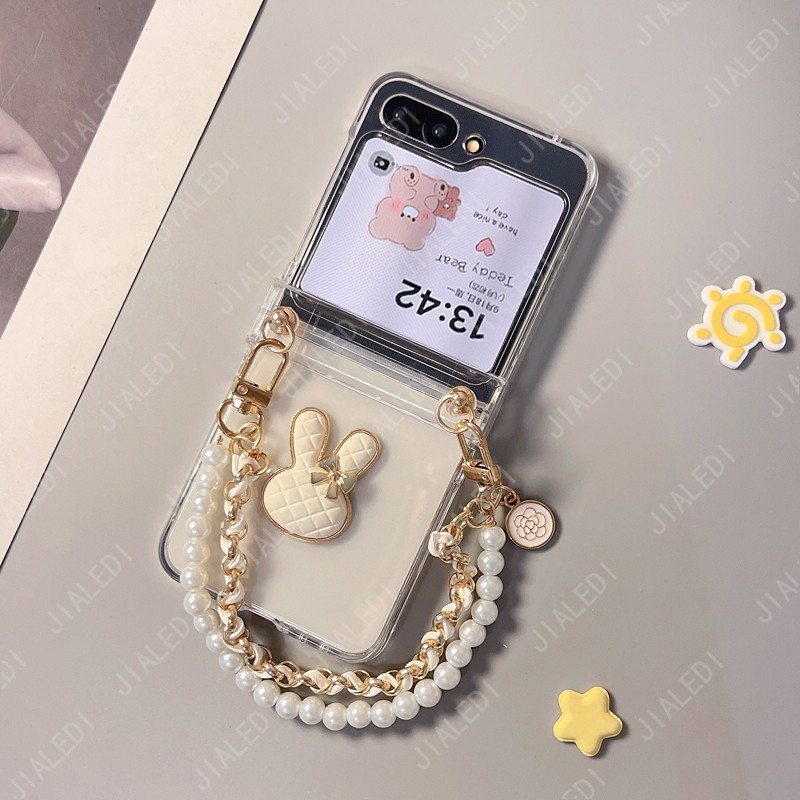แฟชั่นกระต่ายมุกหนังสร้อยข้อมือโซ่โปร่งใสบานพับเคสโทรศัพท์สําหรับ Samsung Galaxy Z Flip 8 7 FE 6 5 4 3 Flip6 Zflip8 ฝาครอบ