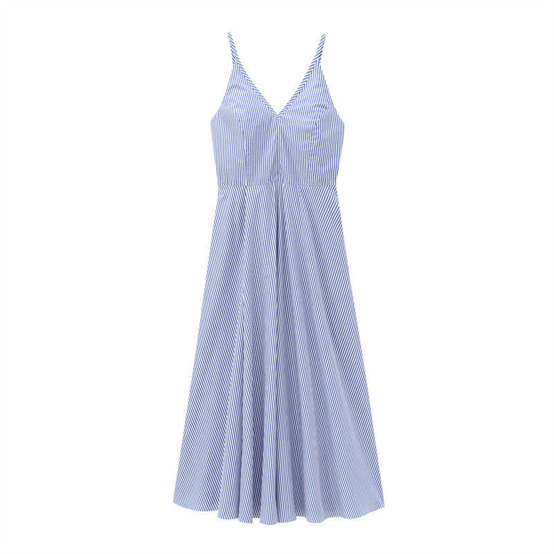 imoveชุดเดรสคอวีลายทางสําหรับผู้หญิงสไตล์ยุโรปและอเมริกาชุดเดรสยาวลําลองสีน้ําเงิน