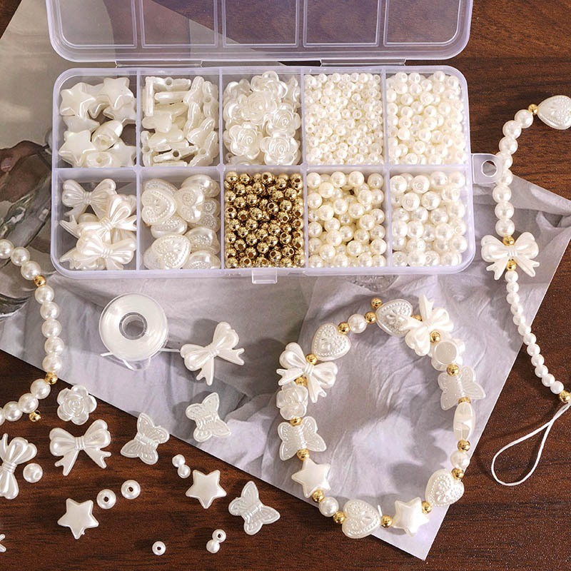 800ชิ้น Abs เลียนแบบลูกปัดมุกชุดกล่องพลาสติกชุดลูกปัดโบว์รูปทรงพิเศษ DIY สร้อยข้อมือต่างหูกล่องวัสดุ