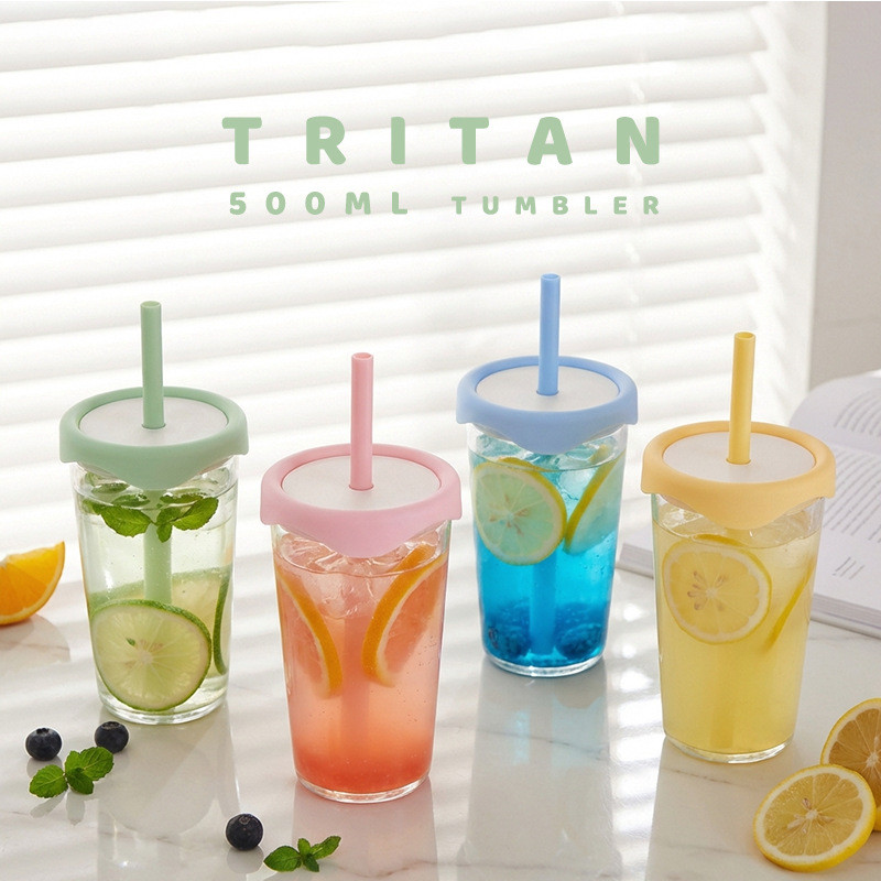 แก้ว Tritan 500ml รุ่น2026 ทนร้อน-เย็น -20°C ถึง 100°C หลอดดูดสีสัน พกพา ไร้สาร BPA