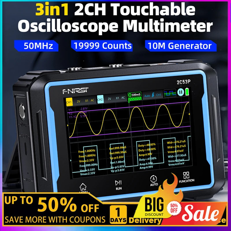 FNIRSI 2C53P 3 in 1 Digital Handled Oscilloscope มัลติมิเตอร์สัญญาณเครื่องกําเนิดไฟฟ้าหน้าจอสัมผัส 2