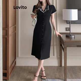 Lovito ชุดเดรสผู้หญิง มีกระดุม สีพื้น แต่งขอบสี สไตล์หรูหรา L104ED692