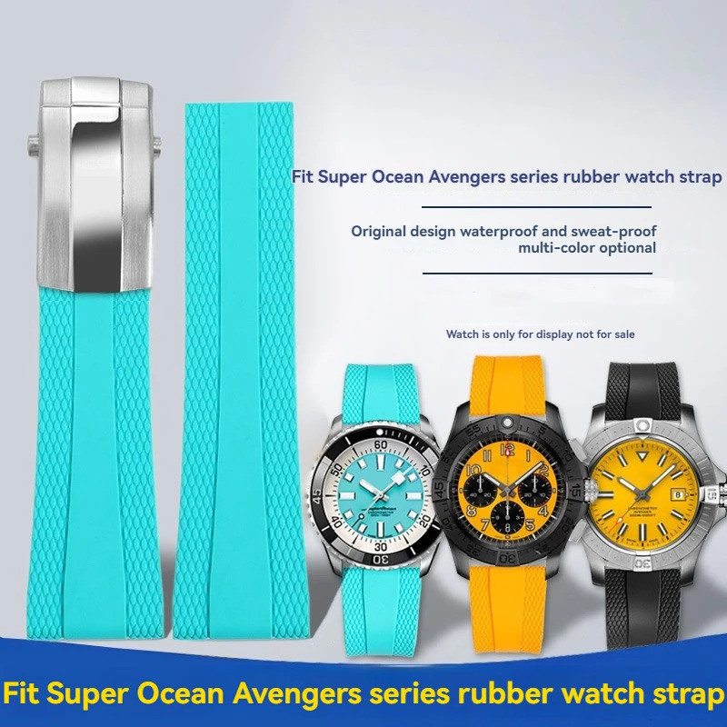 22มม.สายนาฬิกายางหัวเข็มขัดพับสําหรับ Breitling Superocean Avenger Heritage สีฟ้าสีดําสีเหลืองซิลิโค