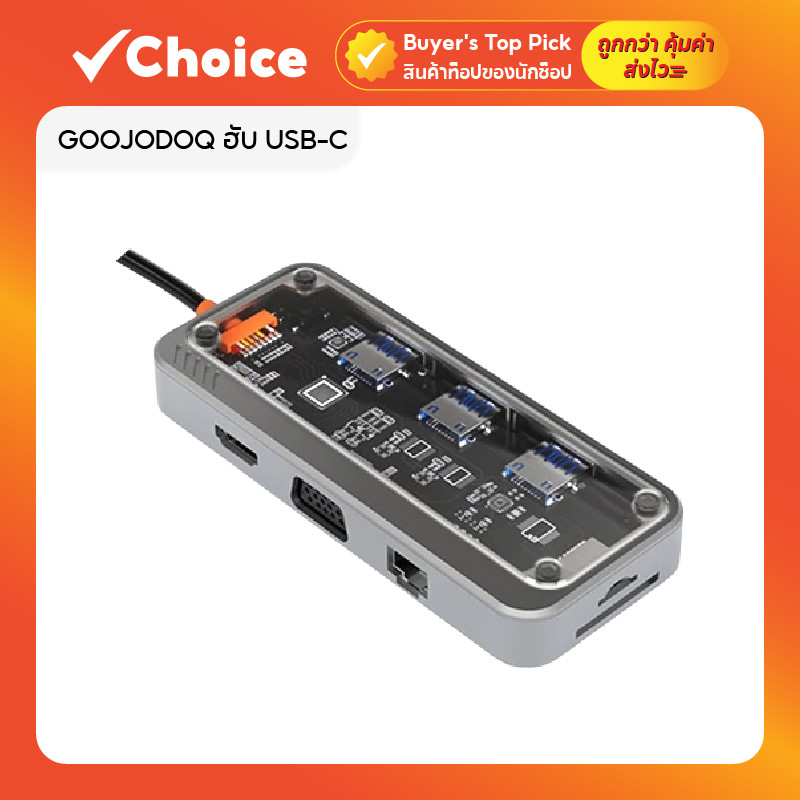 GOOJODOQ ฮับ USB-C  5 6 10 in 1 แบบใส สำหรับโน้ตบุ๊ก พร้อม VGA, HDMI, RJ45, PD 3.0, TF และ SD