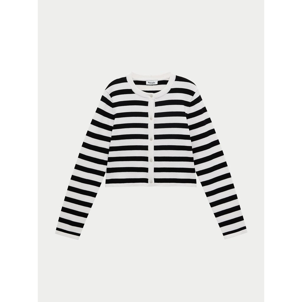 [Pomelo] เสื้อคาร์ดิแกนแขนยาวคอกลมลายทางแบบผ่าหน้าติดกระดุม / Long Sleeve Crew Neck Striped Button-Up Cardigan