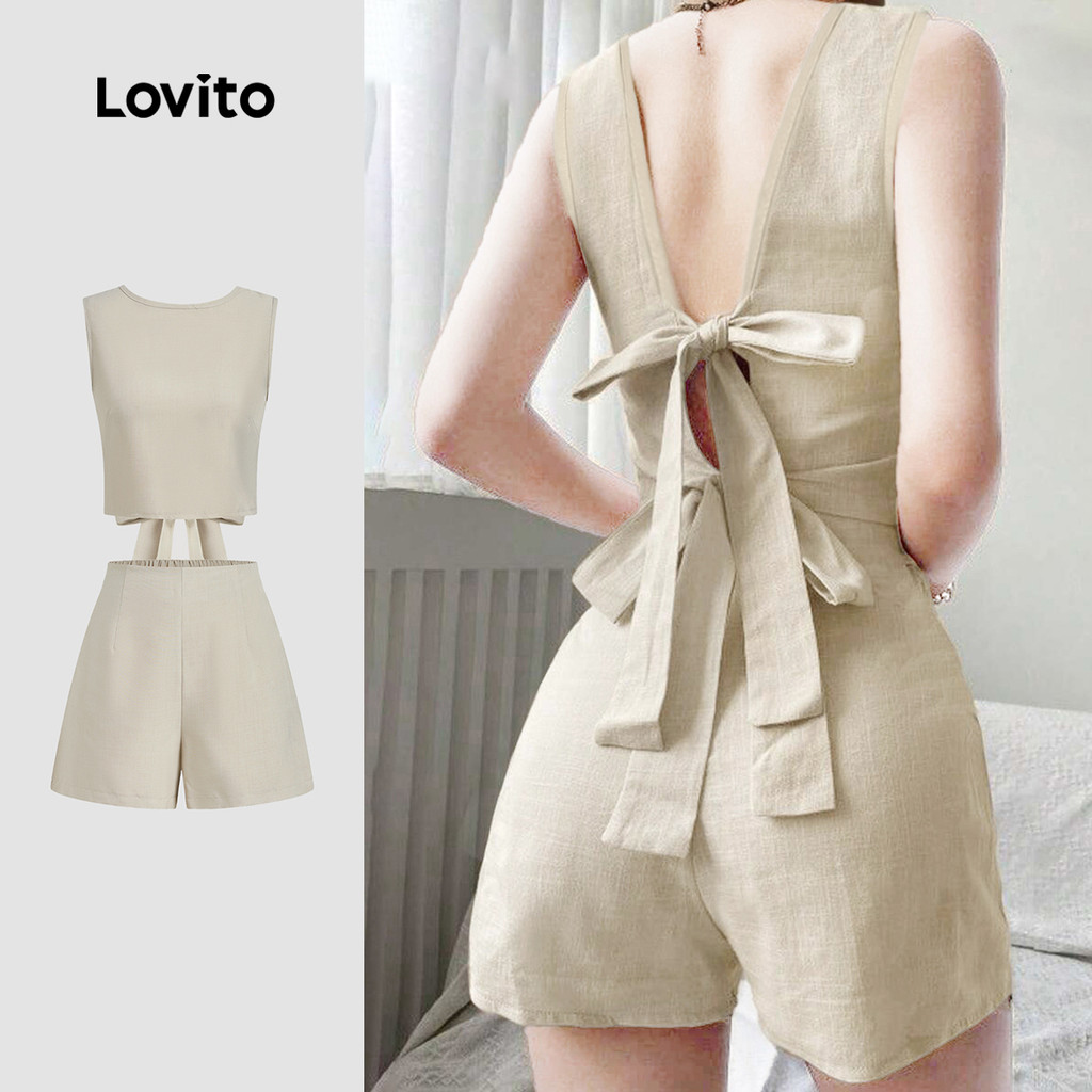 Lovito เสื้อผ้าผ้าคอทตอนหรือกางเกงด้านล่างแบบผูกด้านหลัง ช่วงฤดูใบไม้ผลิ/ฤดูร้อน ชุดสีกากี L155AD1550