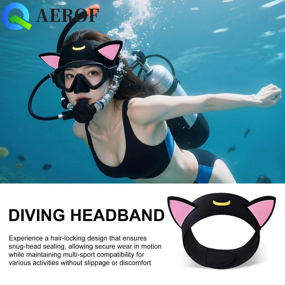 AEROF ที่คาดผมว่ายน้ำ Neoprene หมวกดำน้ำกลางแจ้ง แฟชั่น Clear Vision ลายหูแมวน่ารัก สำหรับกิจกรรมทางน้ำ