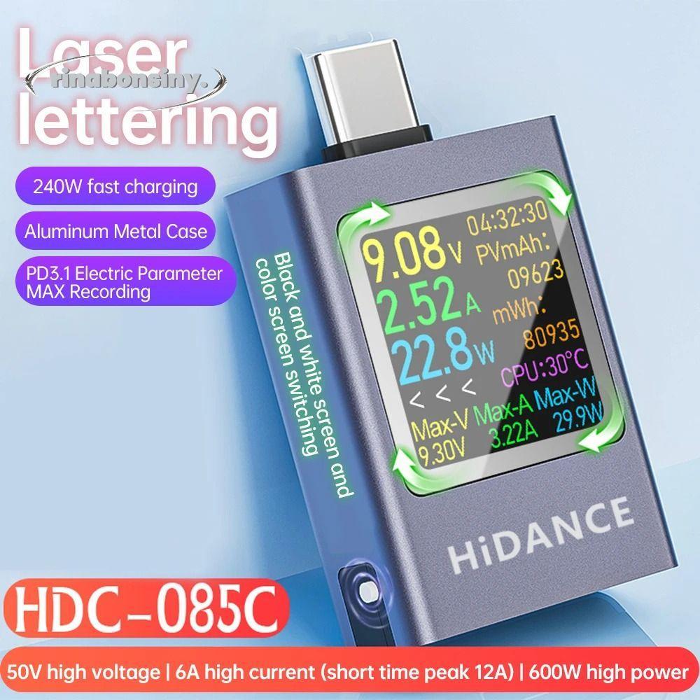 RINABONSINY เครื่องทดสอบ USB Type-C, จอแสดงผลสี LED มัลติฟังก์ชั่น Type-C Charger Tester, อลูมิเนียมหมุนได้ DC 4.5-50V 0-12A 600W USB Amperemeter สําหรับ 3C ผลิตภัณฑ์