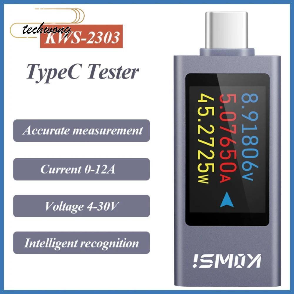 TECHWONG Power Meter Tester, PD Type-C Current และแรงดันไฟฟ้า, DC 4-30V 0-12A แบตเตอรี่ความจุ KWS-23