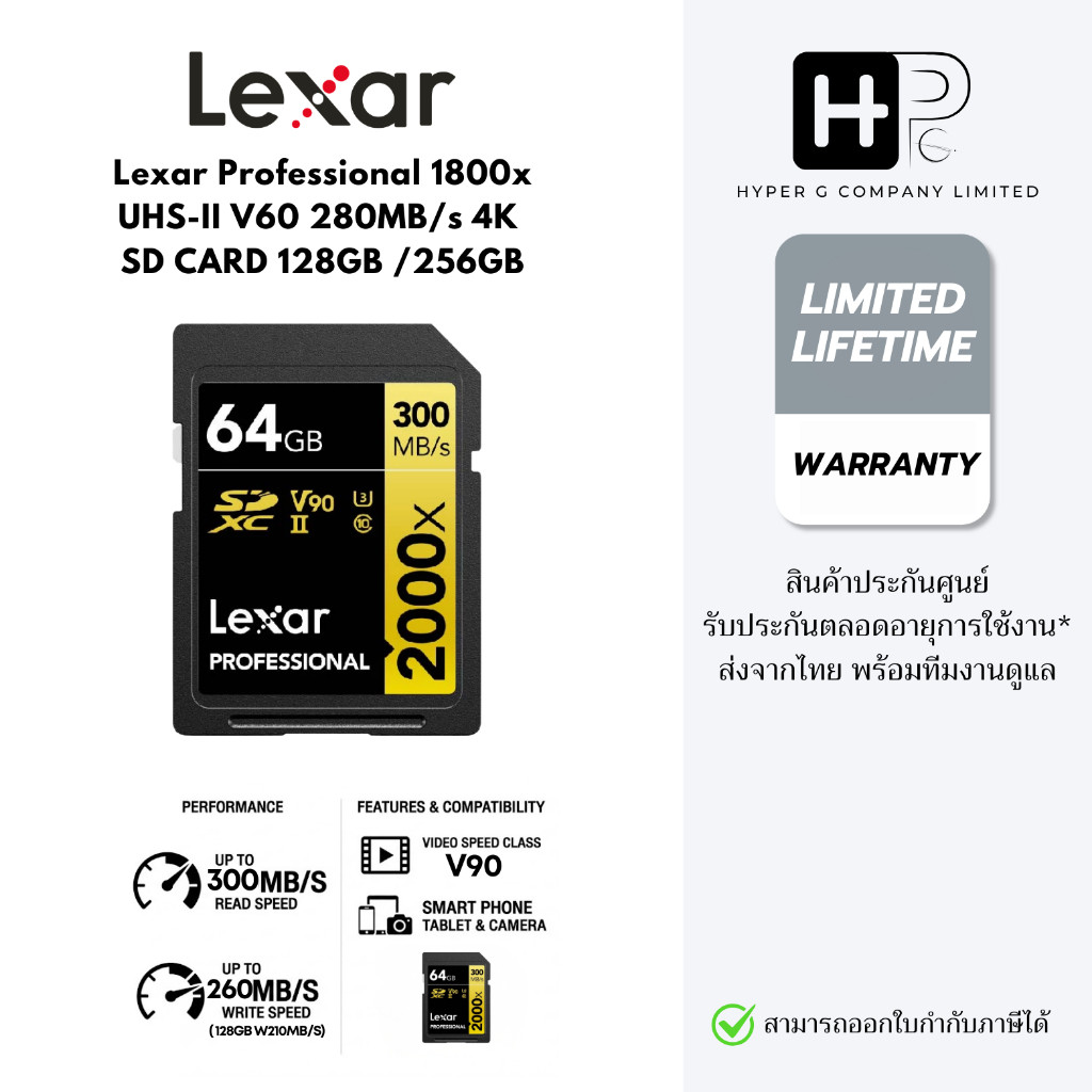 Lexar Professional 2000x SD Card 64GB UHS-II V90 300MB/s 8K ประกัน Lifetime