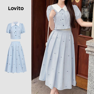 Lovito เสื้อผู้หญิงสีฟ้าฤดูใบไม้ผลิ/ฤดูร้อน แต่งจีบและกระดุม…