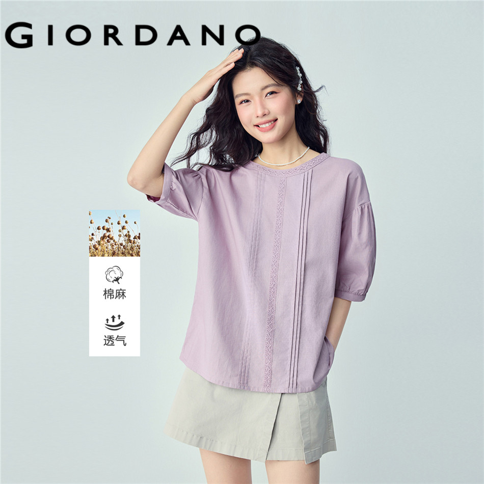 GIORDANO WOMEN Cotton linen lace trim pintucks 1/2 sleeve blouse 13346226