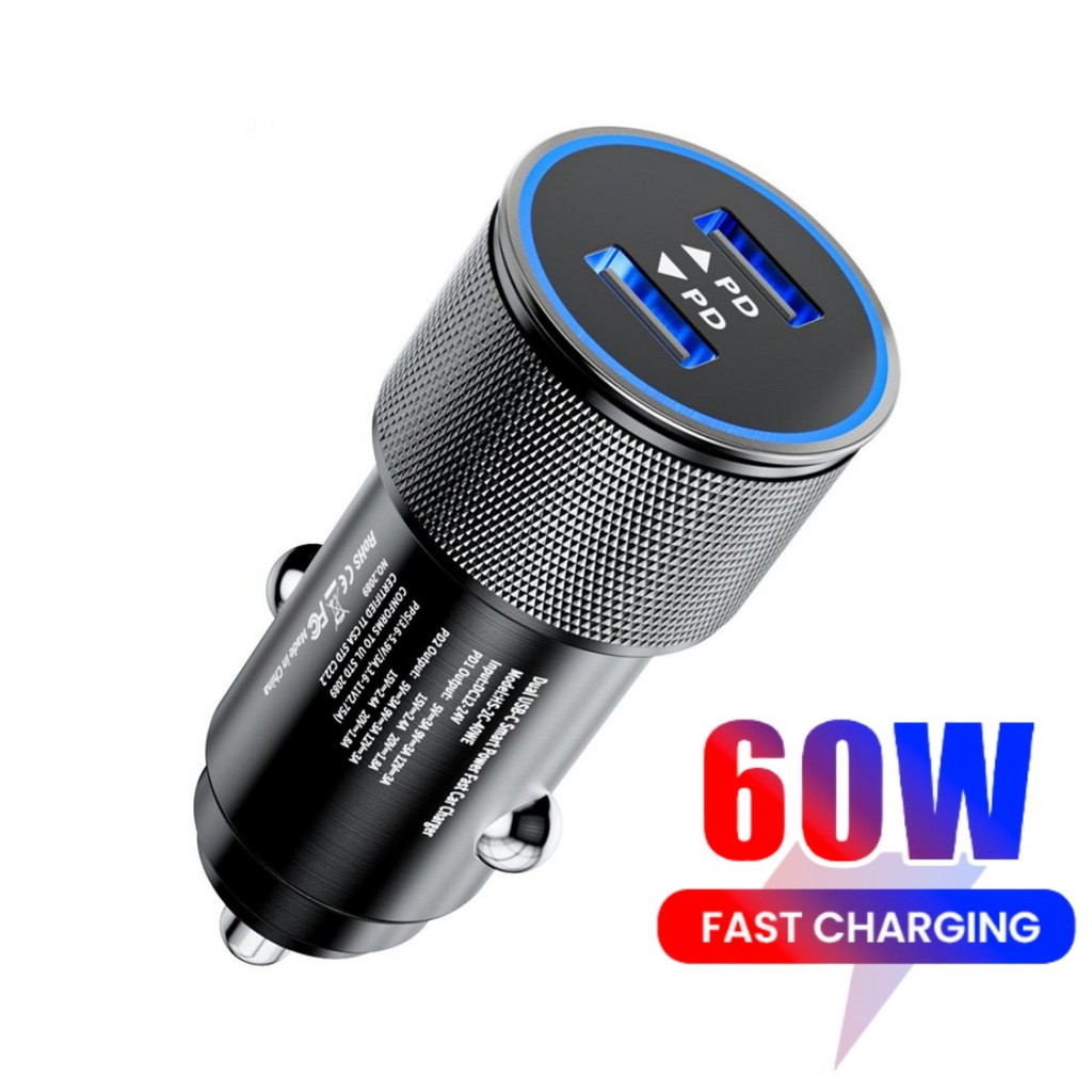 60W Dual USB C Car Charger Fast Charging Adapter PD Type C ที่ชาร์จแบตในรถสําหรับ Samsung Huawei QC3