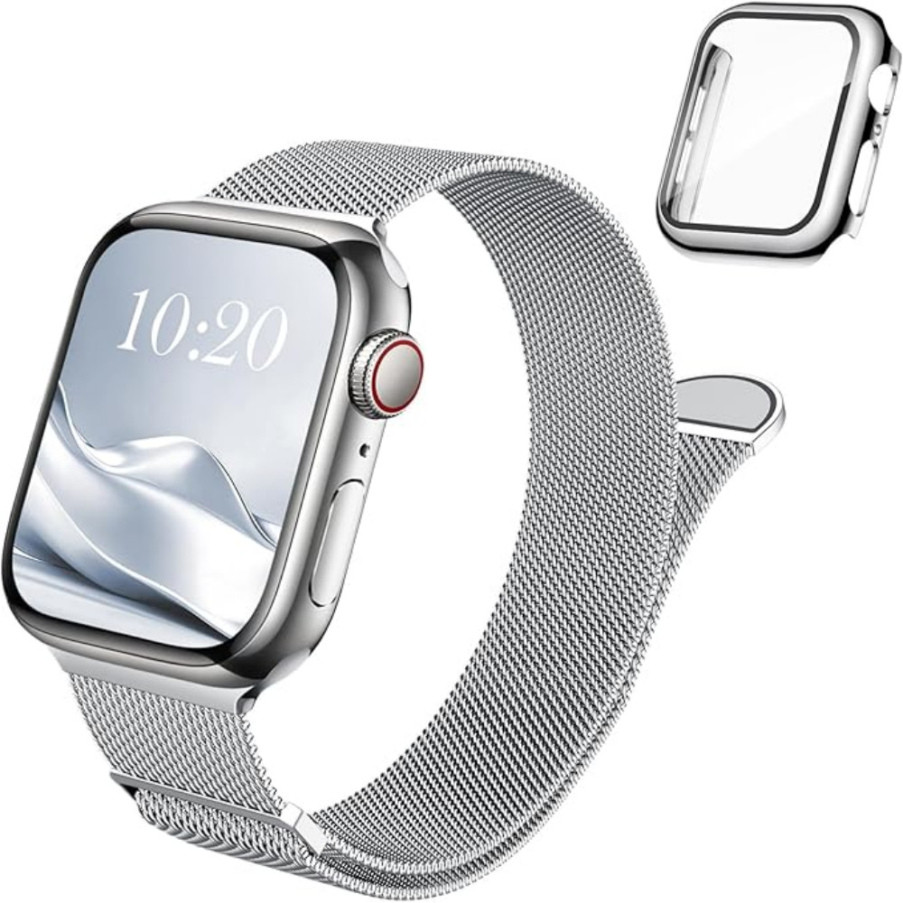 หัวเข็มขัดคู่สาย Milanese และป้องกันกรณีชุดสําหรับ iWatch S11 10 9 8 7 6 5 4 SE3 ULTRA เปลี่ยนสายพร้อมฝาครอบสําหรับ iwatch 49 มม. 46 45 44 42 41 40 พร้อมฟิล์ม