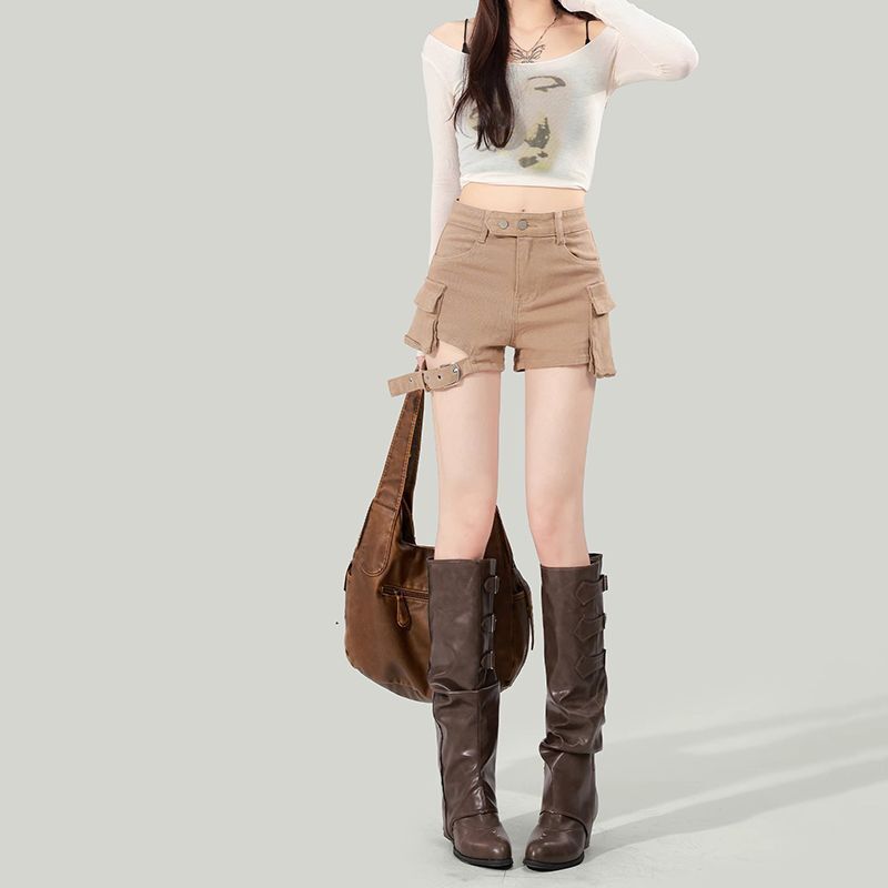 สีกากี Overalls กางเกงยีนส์กางเกงขาสั้น 2025 Laced-Up Design Day A-Line Hot กางเกงยาวสวมใส่ด้านนอกผู