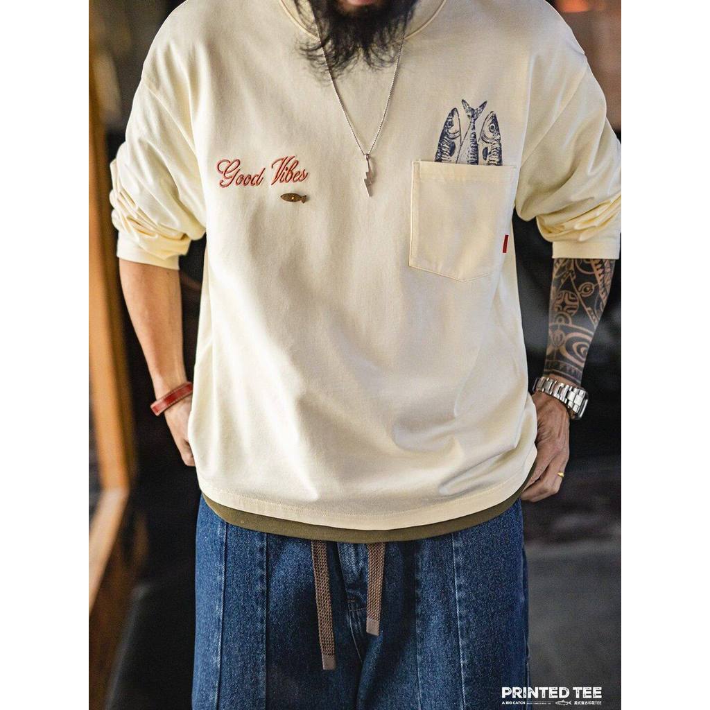 Retro Mens American Print Pocket Long Sleeve T-Shirt 100% Cotton Comfort Crew Neck Base Layer Top Spring — صورة 2