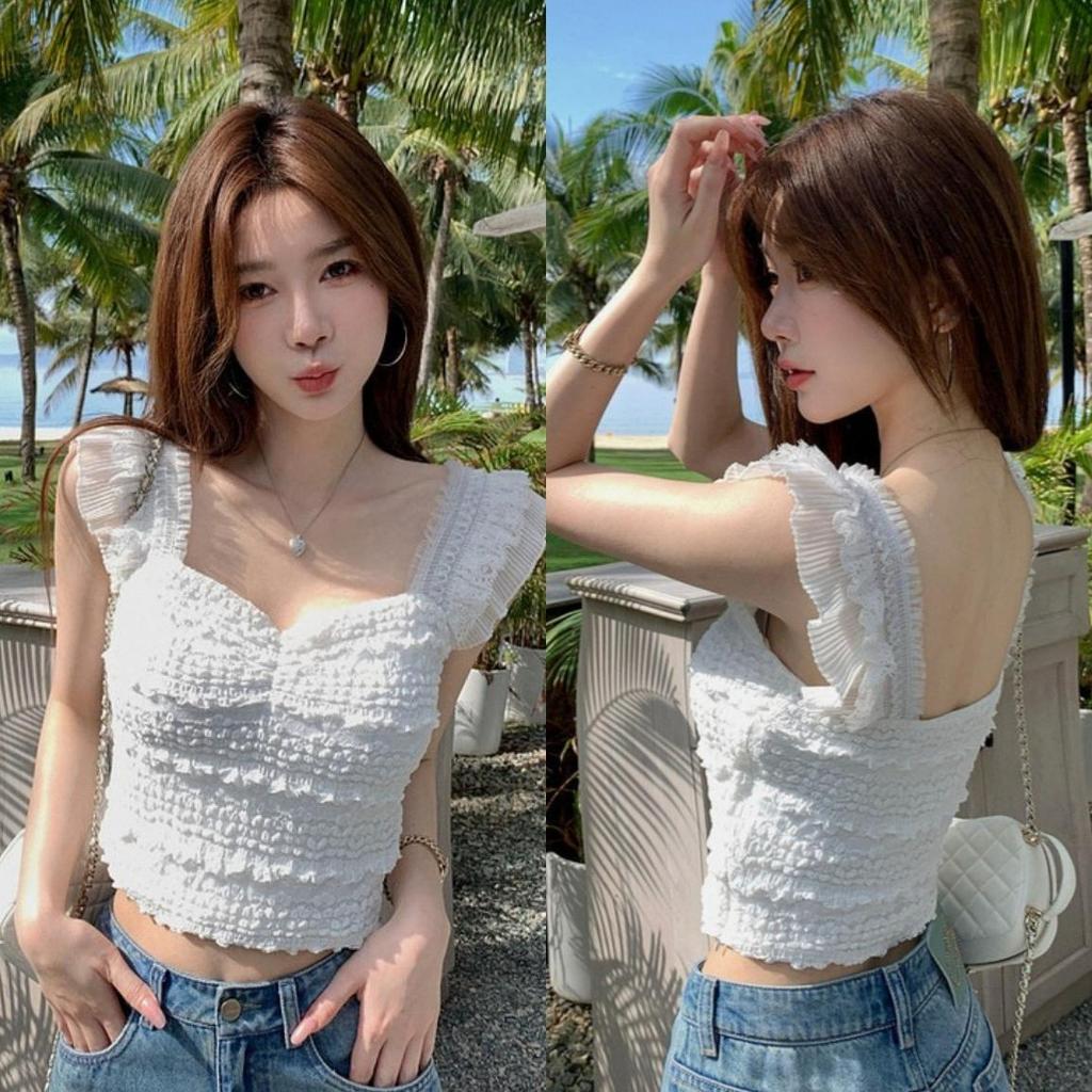 🍓GGals🍓เสื้อแขนสั้นสำหรับผู้หญิงฤดูร้อน ลายลูกไม้ สีพื้น เข้ารูป เสื้อครอป เสื้อยืดผู้หญิงสวมใส่สบาย ใส่แล้วดูผอม