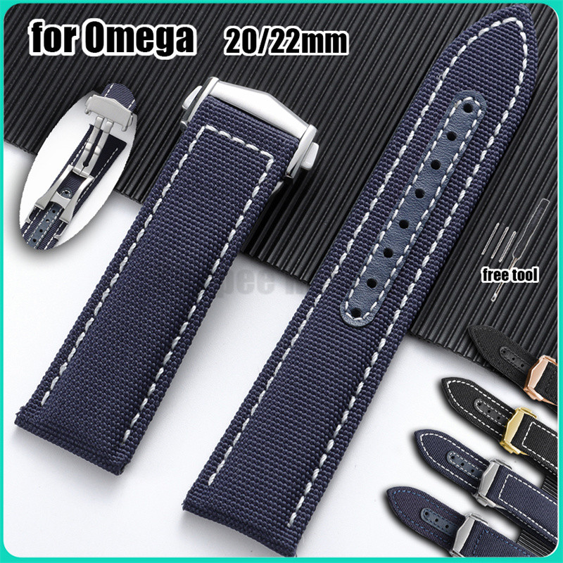 20 มม.22 มม.ไนลอนสายนาฬิกาหนังแท้สําหรับ Omega Seamaster 300 สําหรับ Speedmaster AT150 สร้อยข้อมือ Matte พับหัวเข็มขัดผู้ชายผู้หญิงสายรัดข้อมือ