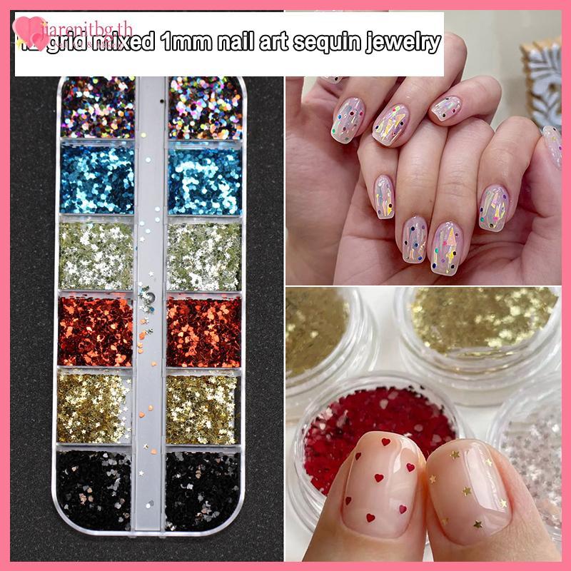 RENBG 12 กริด Mini Sparkling Star เล็บเลื่อม 3D Star Glitter Holographic เลเซอร์ Pentagram Flakes เล็บ Charms DIY ตกแต่งเล็บเครื่องมือ TH