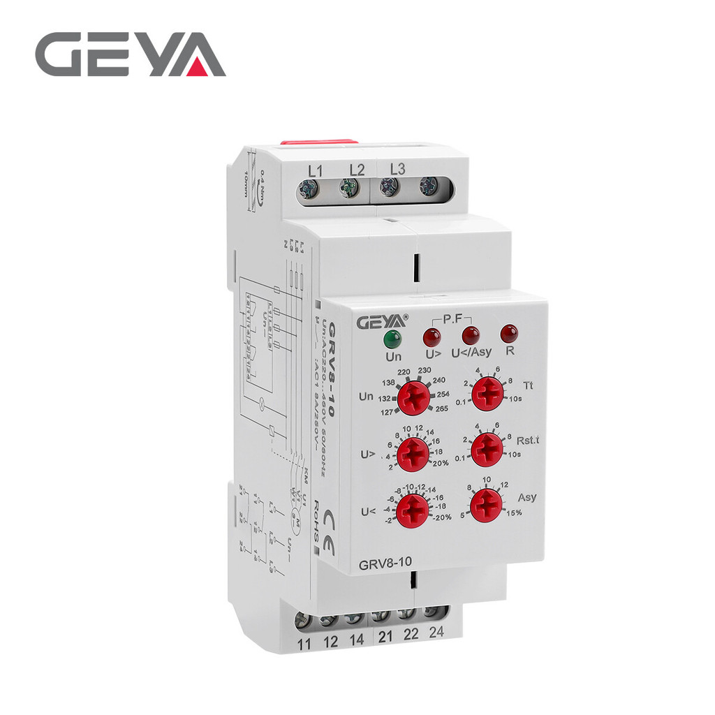 GEYA GRV8-10 รีเลย์ตรวจสอบแรงดันไฟฟ้า 3 เฟสและระยะเวลารีเซ็ต 0.1s-10s 8A/AC1 2SPDT ป้องกันเฟส